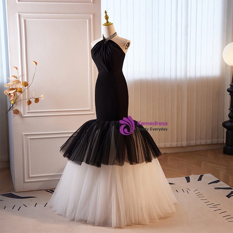 Mermaid Strapless Tulle Tiered Black Prom Party Dress WU1087