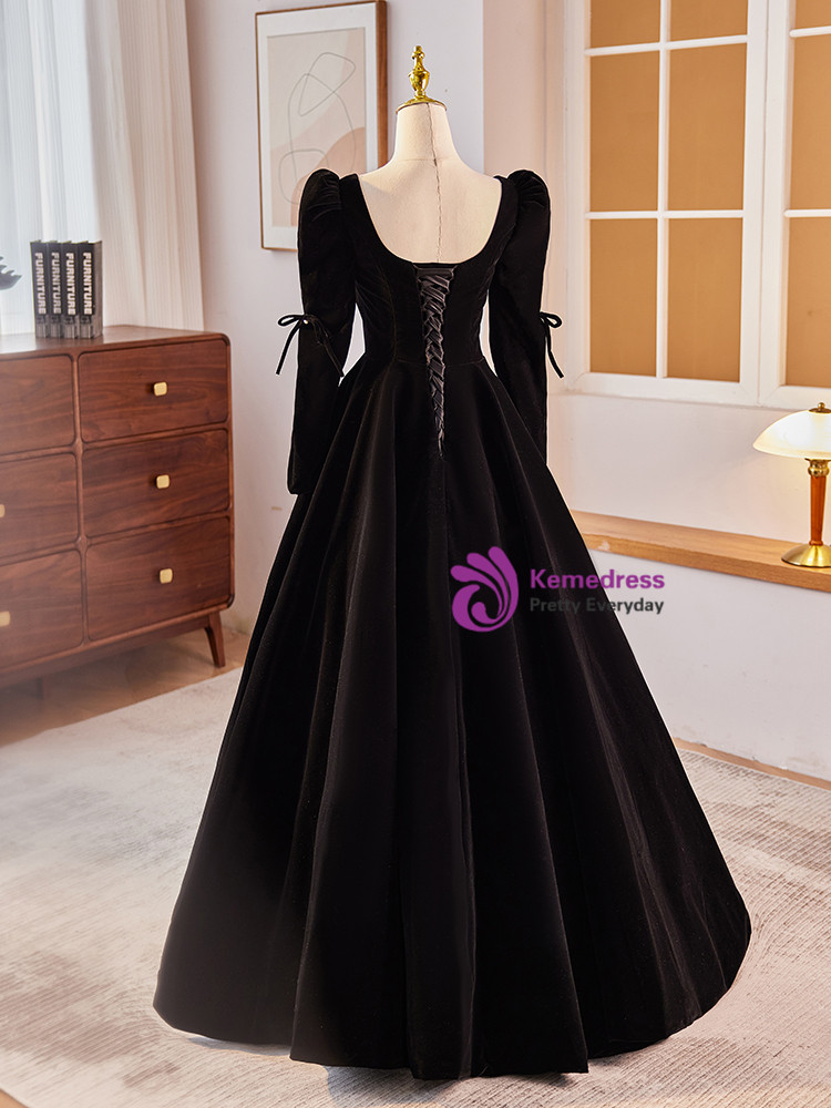 Black Velvet Square Neck Short Sleeve Beading Evening Prom Dress main image 1