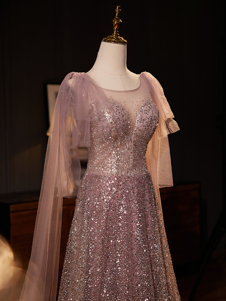 Pink Sequin Lace Scoop Neck Short Gown with Feathers