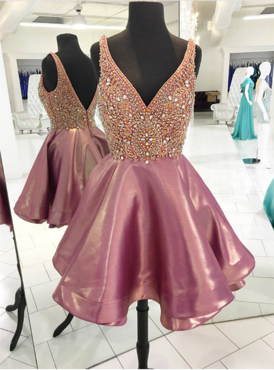 short ball dresses 2017 Chic / Beautiful Lavender Cocktail Party Cocktail Dresses 2017 Lace Appliques Flower Rhinestone Pearl Sleeveless V-Neck