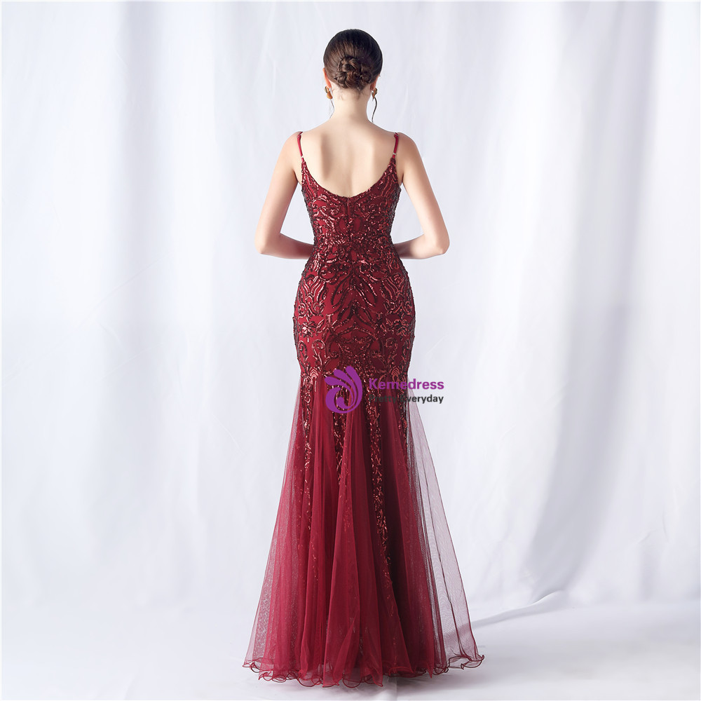 19245 Burgundy Embroidered Sequins Tulle Overlay Dress