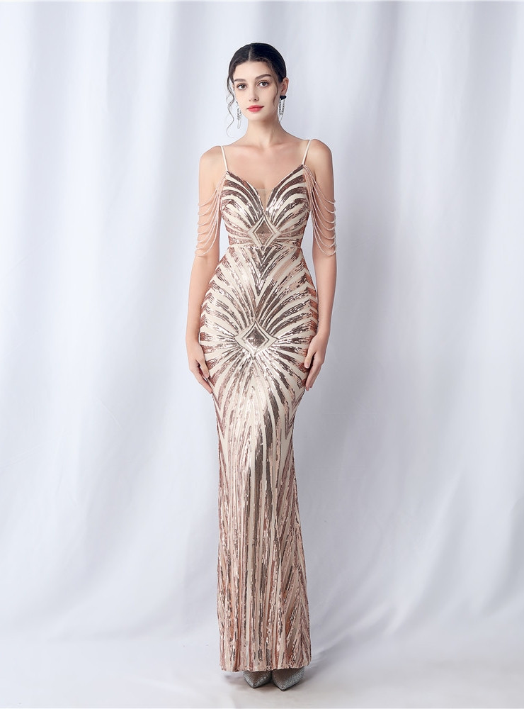 In Stock:Ship in 48 Hours Sexy Gold Sequins Beading Prom Dress