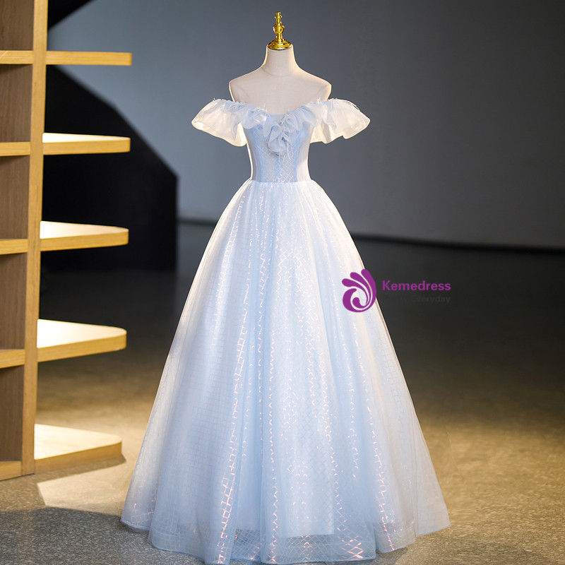 Off Shoulder Sleeveless Beaded Sequins Appliques Blue Tulle Quinceanera Dress WQ1341