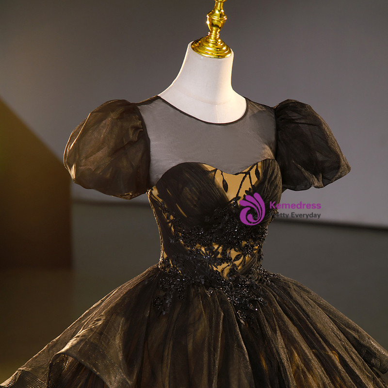 Black Off Shoulder Beaded Appliques Tulle Quinceanera Dress Ball Gown,DP807