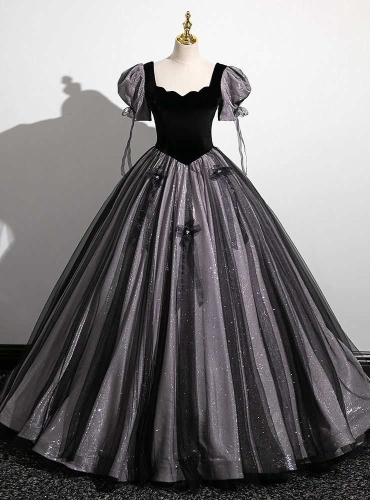 black and white polka dot strapless dress Vintage Prom Gown 3/4 Length Sleeves Lace Appliqued Tulle Quinceanera Dress