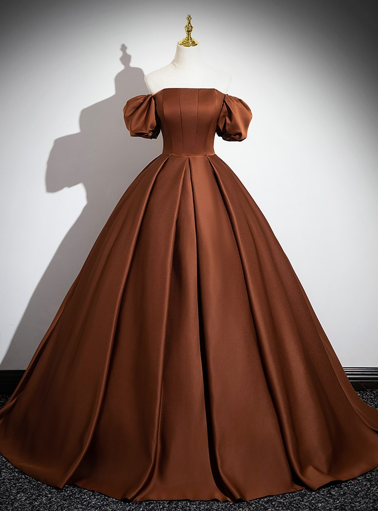 coffee satin dress Strap Coffee Satin Chiffon A-line Prom Dresses, New Arrival Affordable SofieBridal