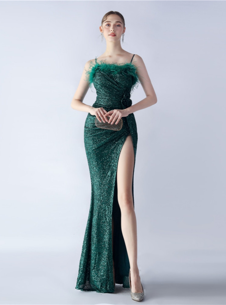 In Stock:Ship in 48 Hours Green Sequins Pleats Feather Party Dress