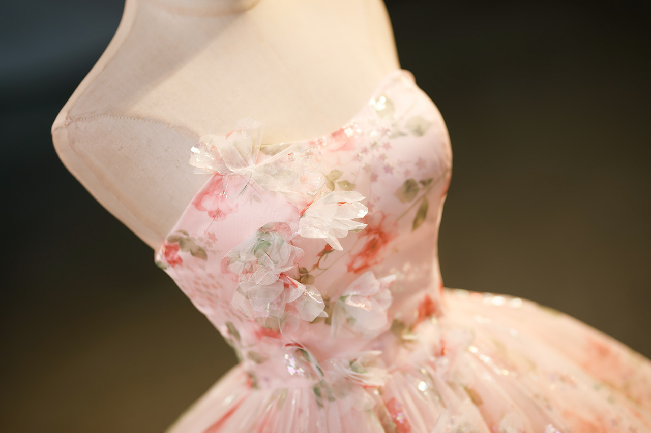Pink tulle floral quinceanera ball gown back view