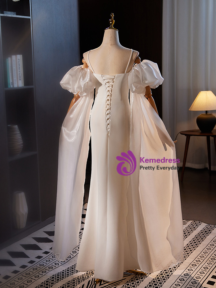 White Spaghetti Straps Sheath Lace Beading Long Evening Party Dresses, DP5493 main image 1