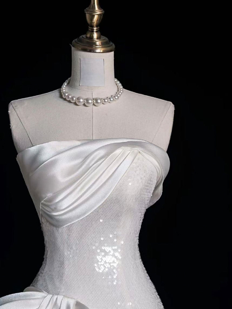 White Tube Top Sleeveless Bowknot Sequins Sheath Formal Evening Gown