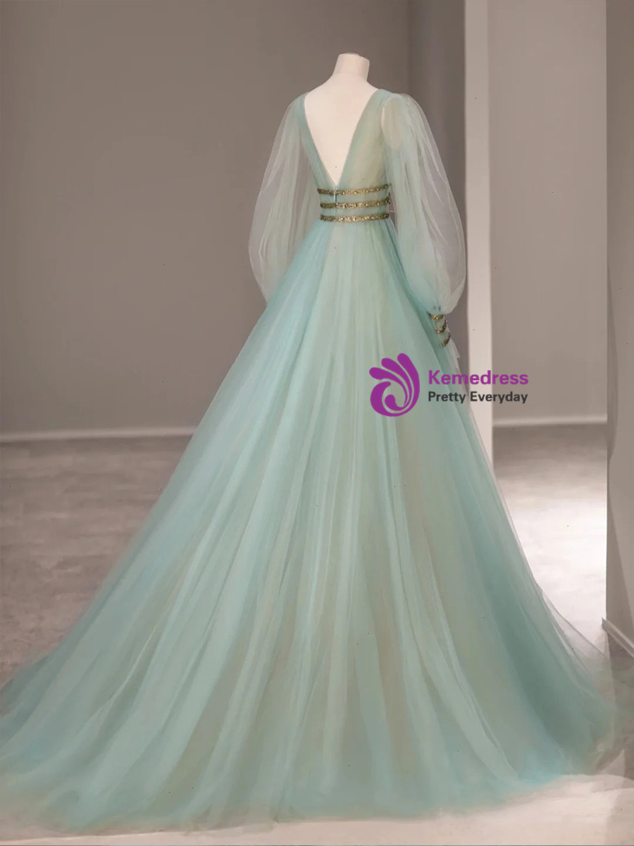 V-neck Long Tulle Dresses with Slit Green