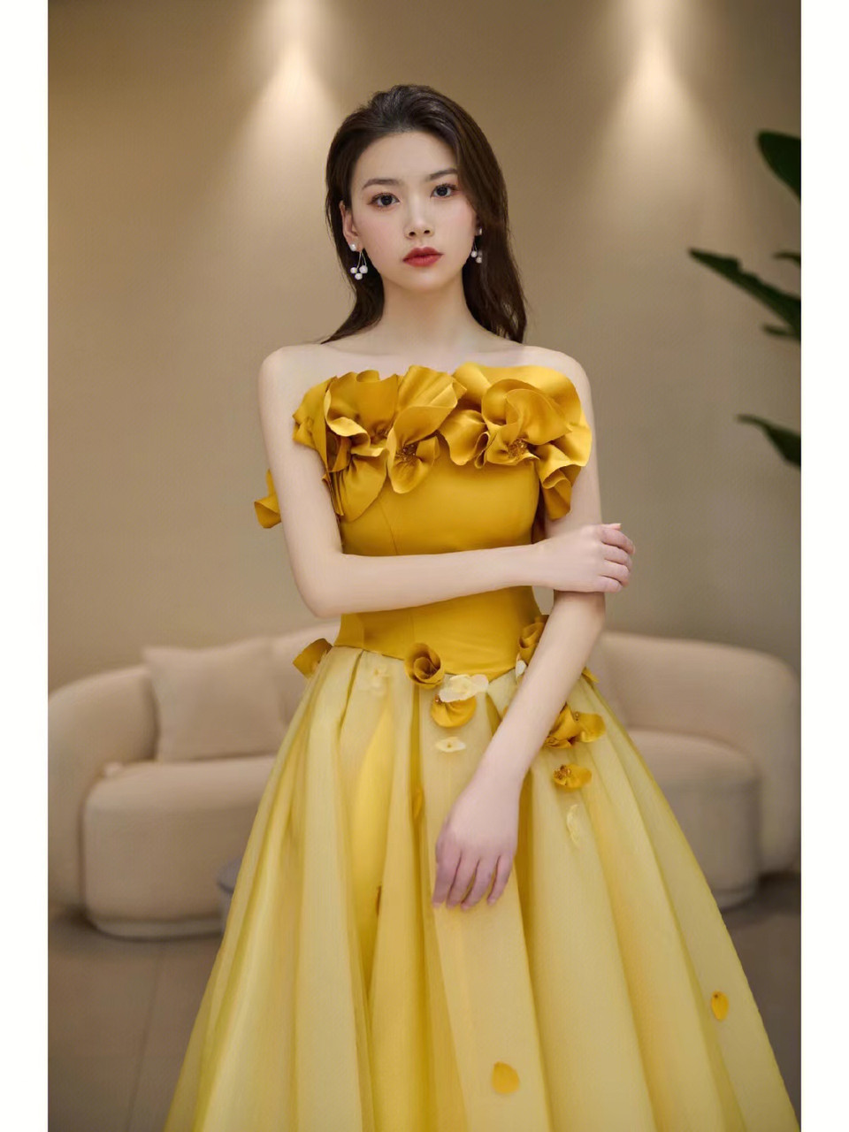 Yellow Tiered Tulle Prom Dress with Floral Embroidered Sheer Corset main image 1