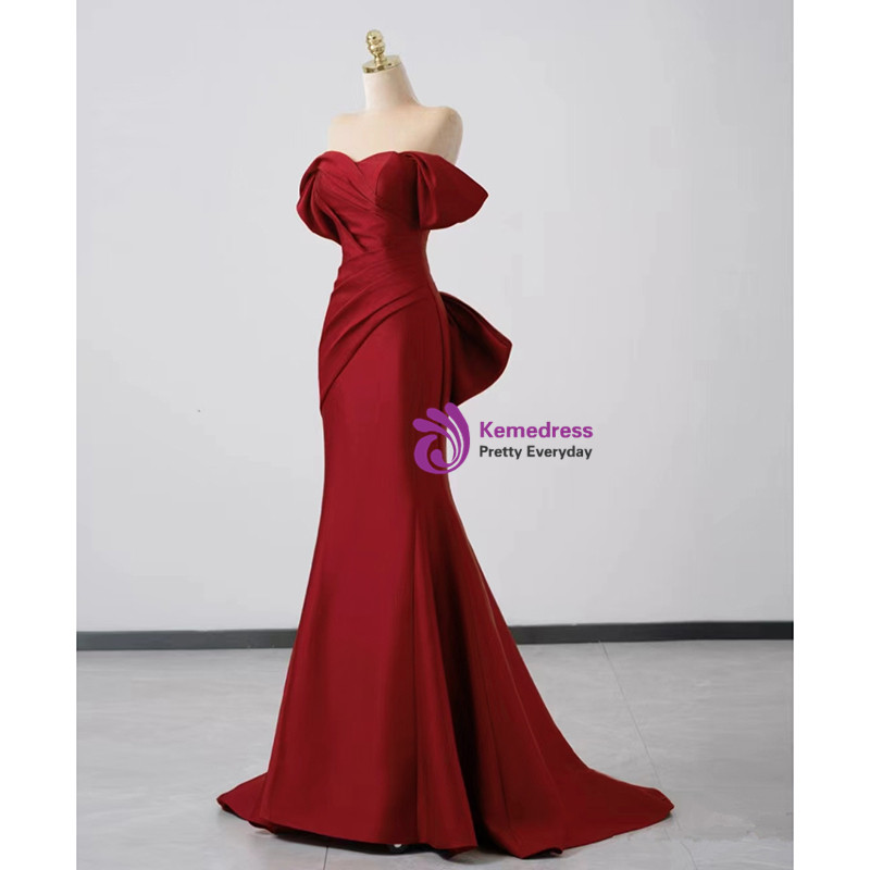 One Shoulder Burgundy Mermaid Prom Dress With Ruffle main image 1