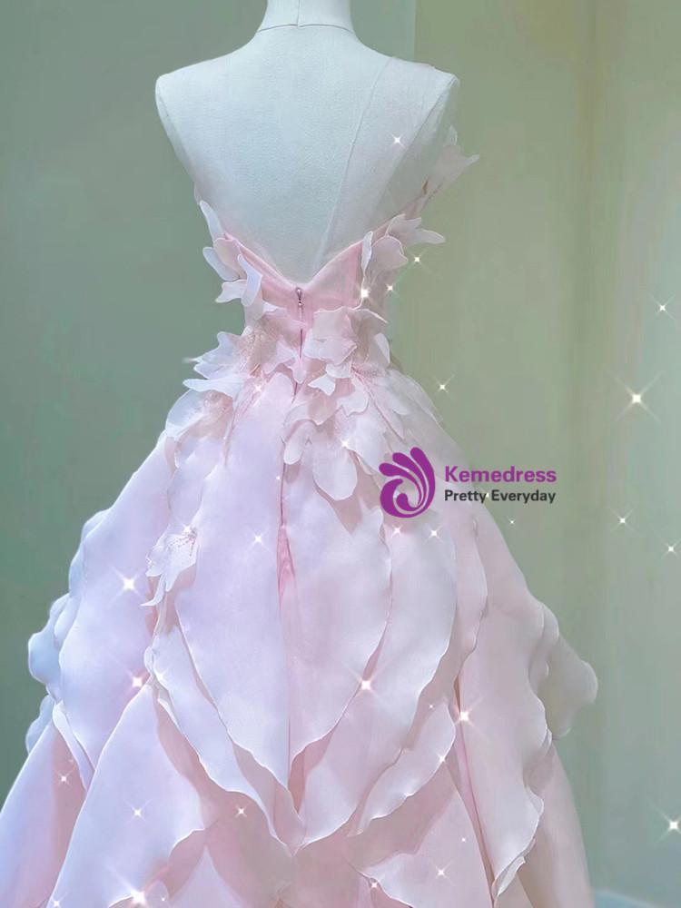 Pink See Through Tulle Beading Strapless Two Piece Prom Dress