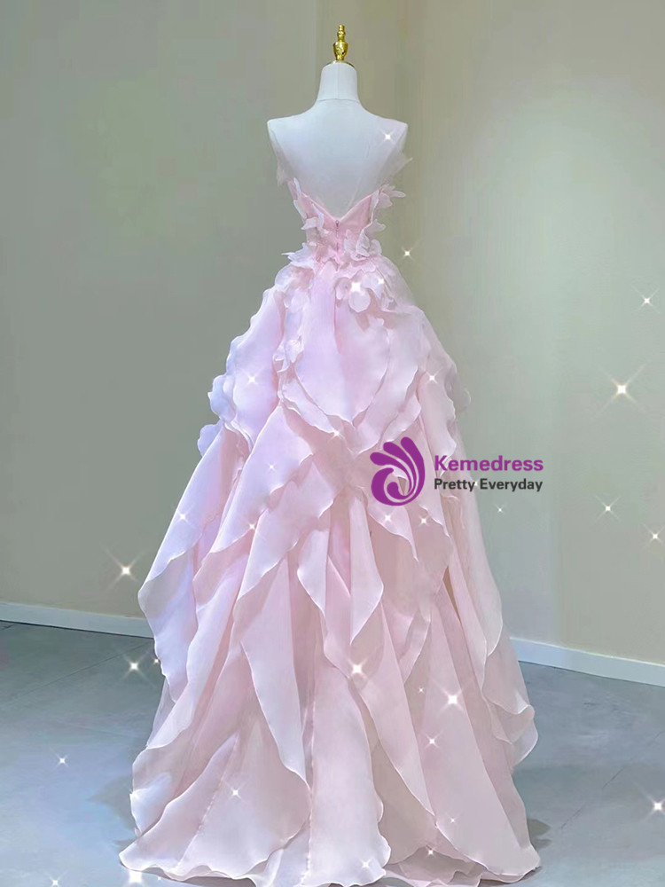 Dreamy Pink Strapless 3D Applique A-Line Tulle Long Prom Dress Evening Dress cc5616