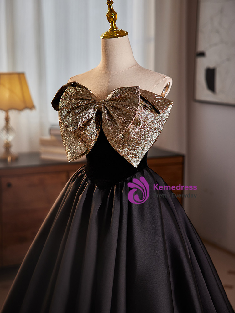 Black Satin Strapless Gold Bow Prom Dress
