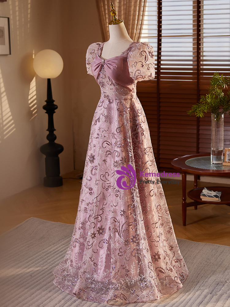High Low Puffy Sleeves Tulle Purple Prom Dress main image 1