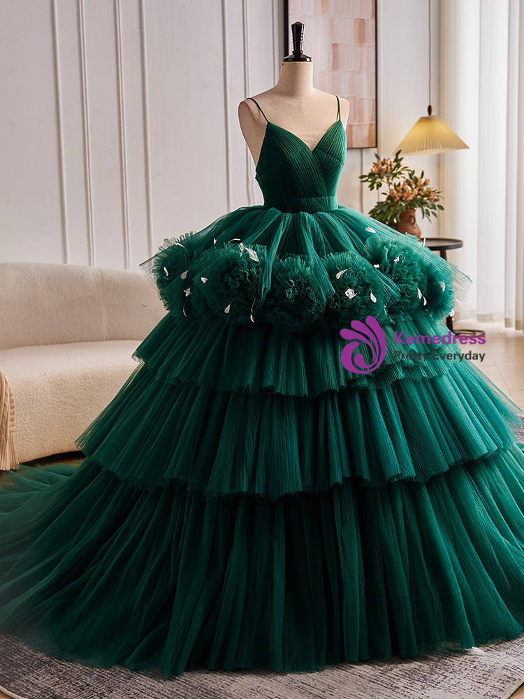 white christmas dresses Vintage Dark Green Sweetheart Tulle Appliques Quinceanera Dress Sweet –  DSProm main image 0