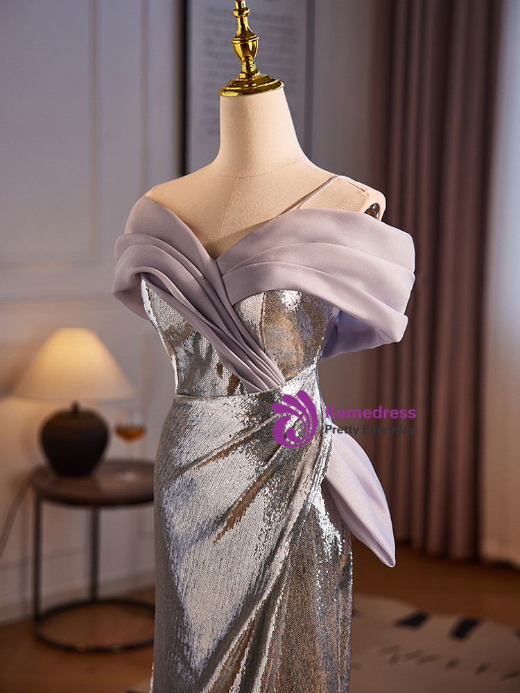 Silver Sequins Prom Dress with Square Mermaid Long Sleeves main image 0