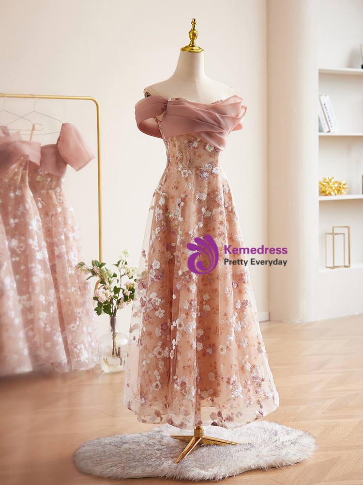 Pink Off the Shoulder Tulle Short Prom Dress with Beading, A Line Homecoming Dress UQ1946