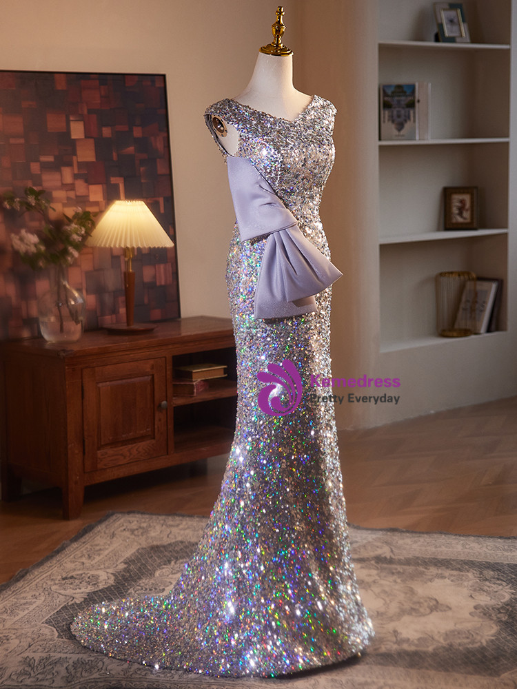 Elegant Mermaid High Neckline Silver Sequin Evening Dress Long Prom Dresses