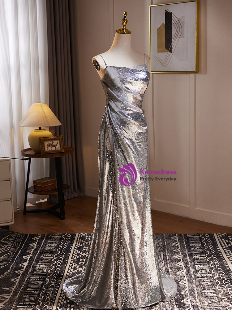 Silver Sequins Off the Shoulder Pleats Prom Dress