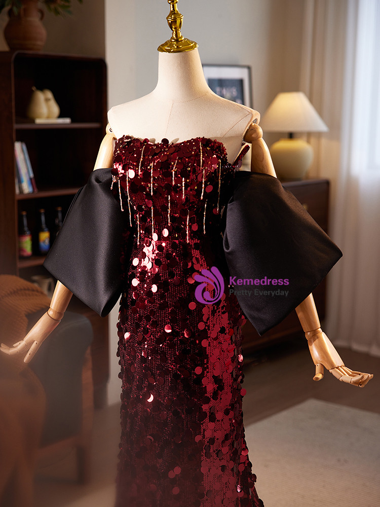 Glamorous Strapless Burgundy Chiffon Sequin Beaded Mermaid Party Dress Formal Evening Gown main image 0
