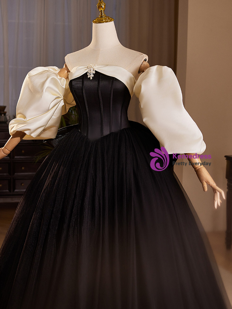 Cute Ball Gown Strapless Black Satin Ankle Length Prom Dresses With Ruffles Evening Dress main image 1