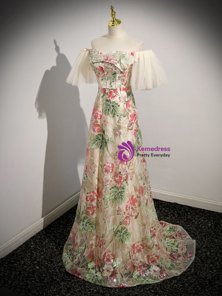 A-Line Off Shoulder Sequins Sheer Corset Tulle Dress Peacock