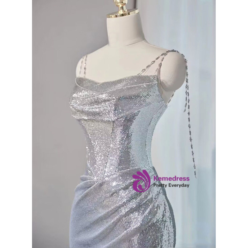 Silver sequin prom dress crystal chain strap detail