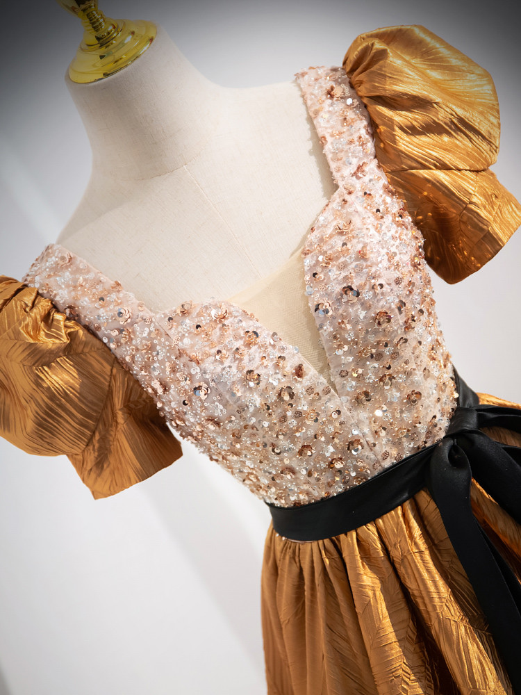 gold sequin puff sleeve dress Sequined puff-sleeve midi dress in gold - Rotate