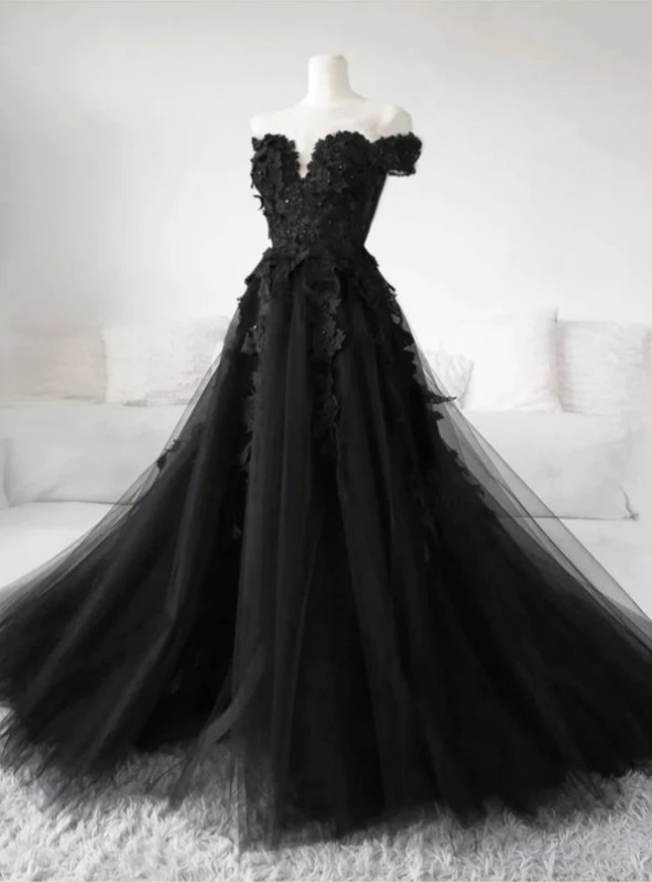 Vintage A Line Off The Shoulder Tulle Black Long Prom Dress