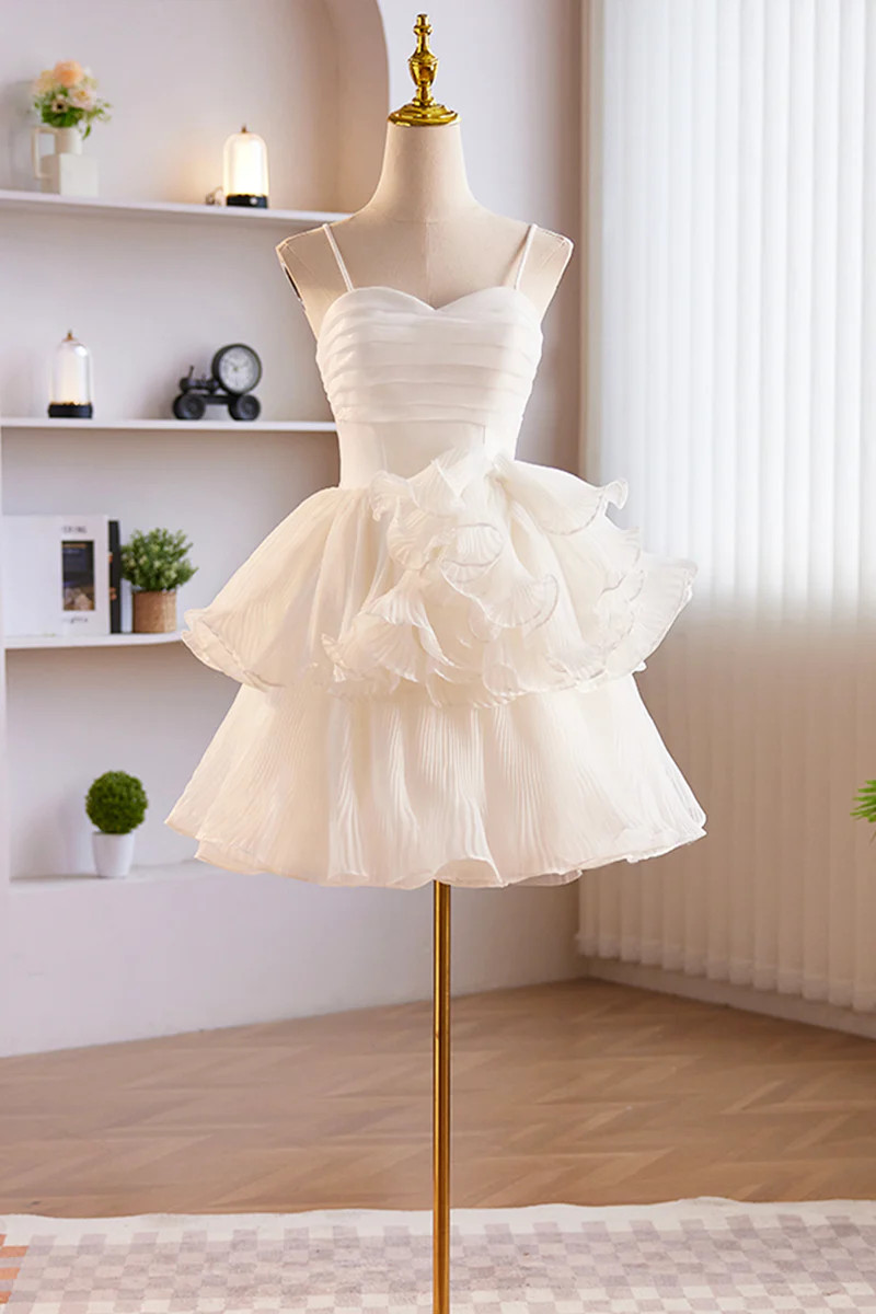 Sexy A line Spaghetti Straps Tulle White Short Homecoming Dresses main image 1