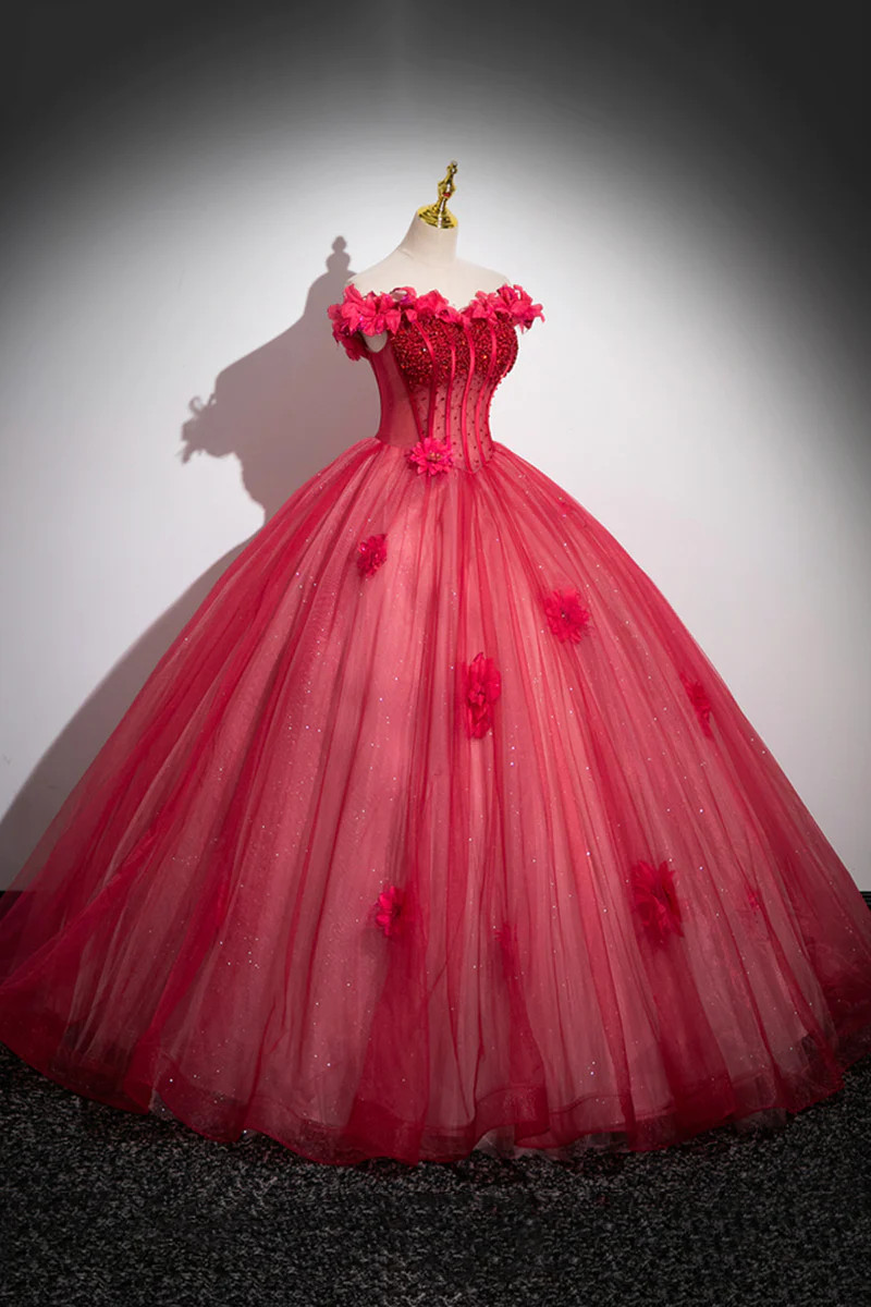 Off Shoulder Sleeveless Beaded Appliques Red Tulle Quinceañera Dress WQ1617
