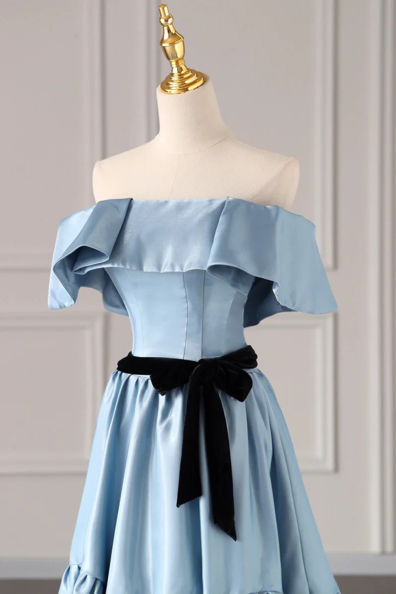 Chic Blue Prom Dress Satin A-Line Strapless Evening Dress Sleeveless Birthday Dress DP05205