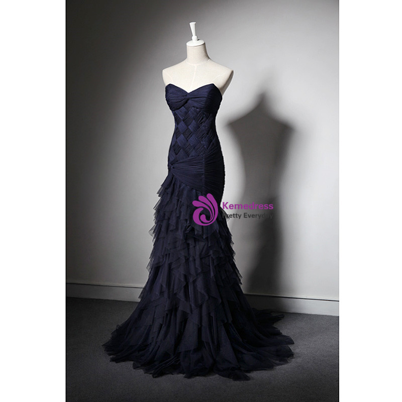 Elegant Navy Blue Lace Trim Strapless Side Slit Mermaid Long Prom Dress,PD37966