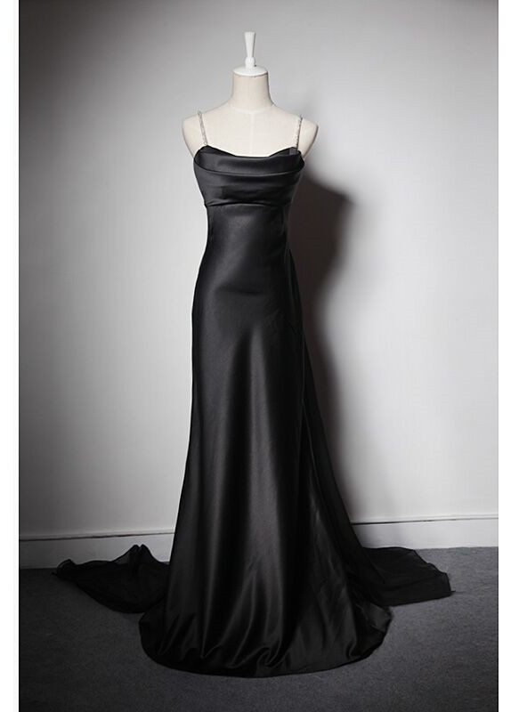 Spaghetti Straps Satin Black Prom Dress with Slit