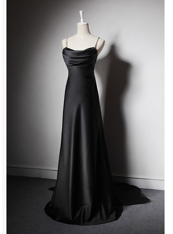 Niulatu Sheath Spaghetti Straps Black Satin Prom Dresses Evening Dress HZ1110 main image 0