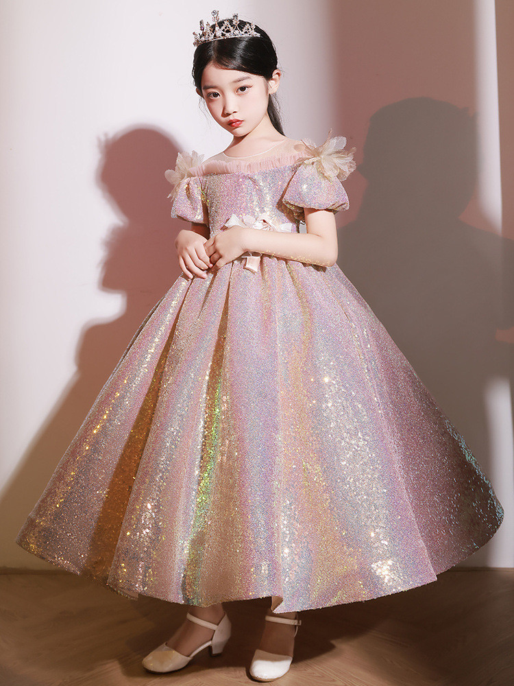 Puff Sleeves Pink Sequined Girls Dresses With Bow