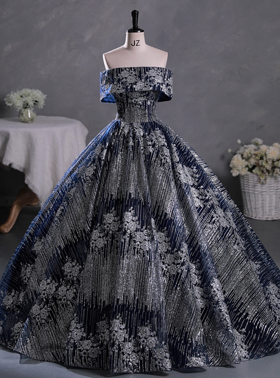 Navy Blue Silver Sequins Off the Shoulder Quinceanera Dress