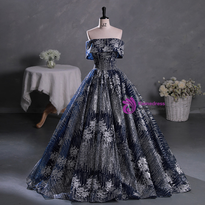 Off Shoulder Sleeveless Sequins Butterfly Appliques Navy Velvet Quinceañera Dress WQ1753