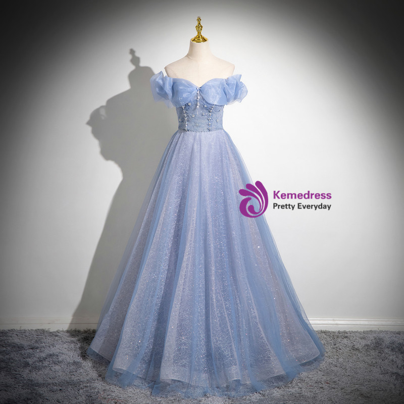 Light Blue Tulle Appliques Off the Shoulder Quinceanera Dress