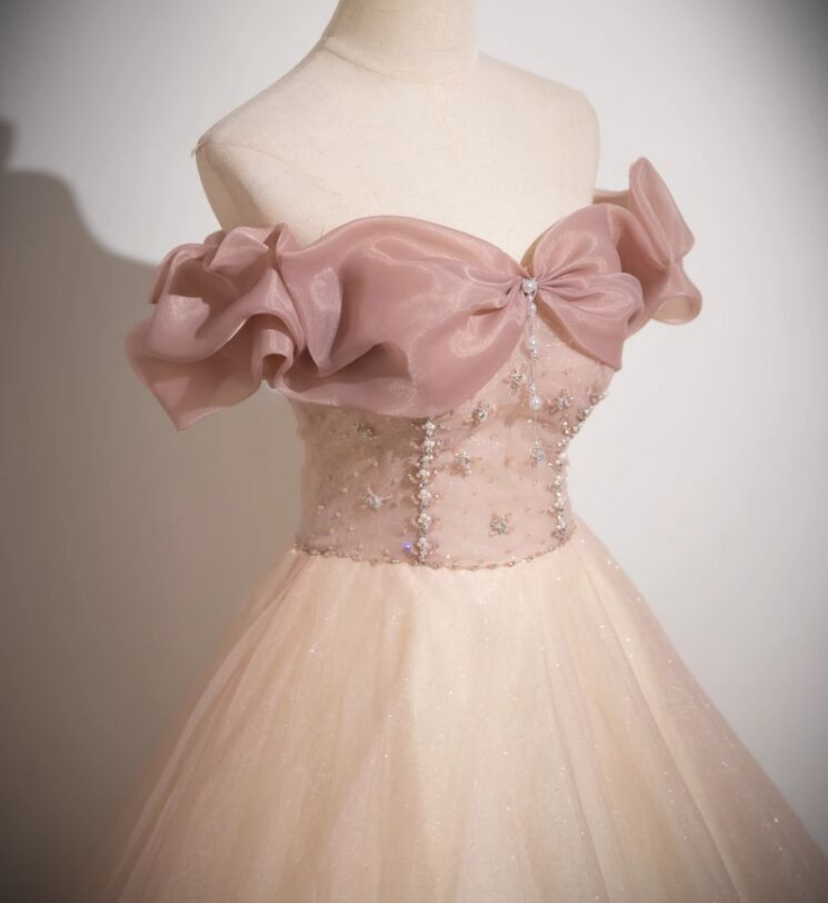 Glamorous Pink Beaded Embroidery Tulle Off-Shoulder A-Line Quinceanera Ball Gown DP7153