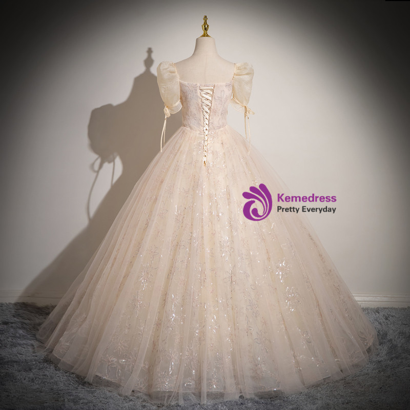 Champagne Tulle Square Neck Short Sleeve Flower Quinceanera Dress main image 0