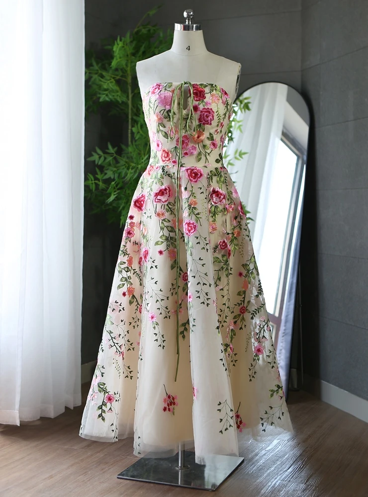 Champagne floral embroidery prom dress with pink and green flowers