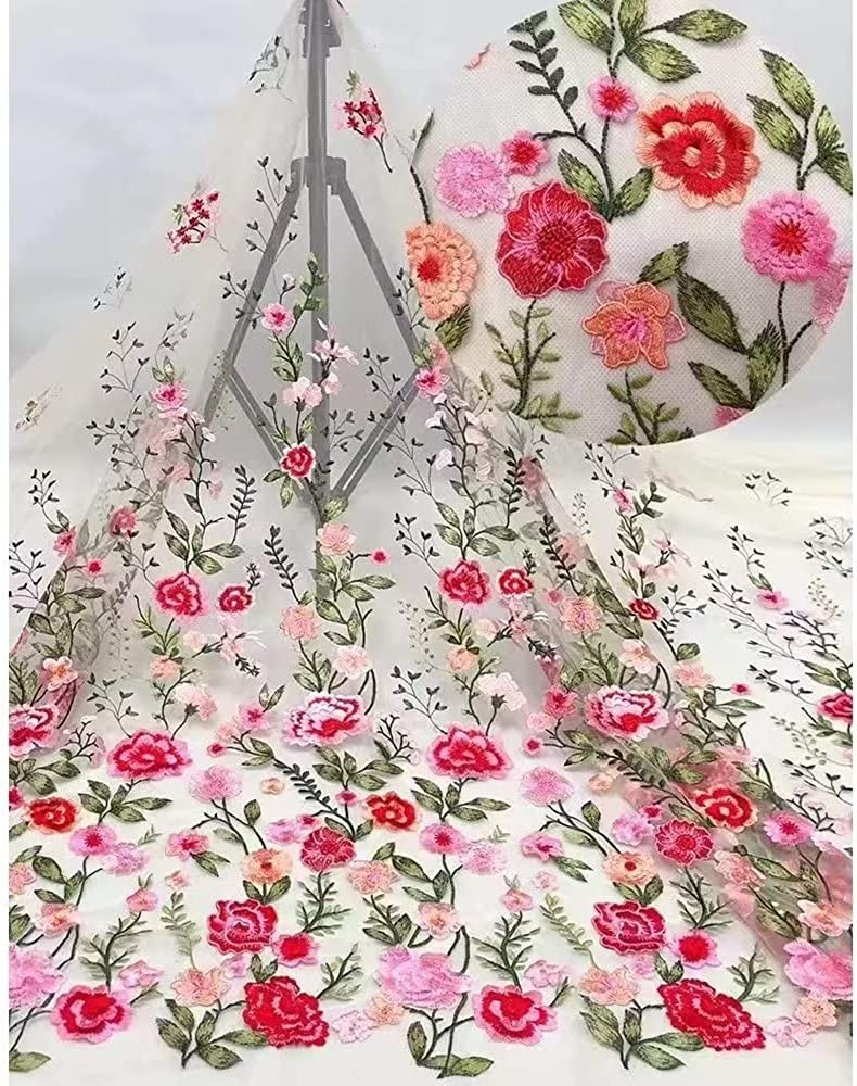 Champagne A line tulle prom dress with embroidered pink and green flowers