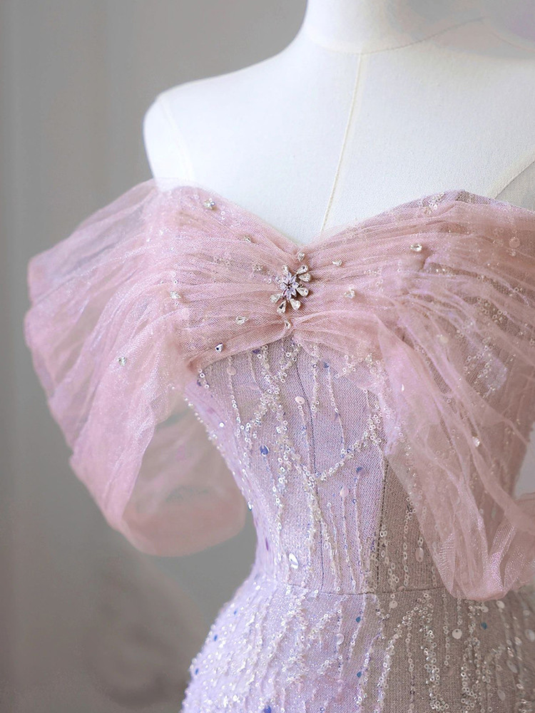 Pink mermaid tulle sequins off the shoulder prom dress detail