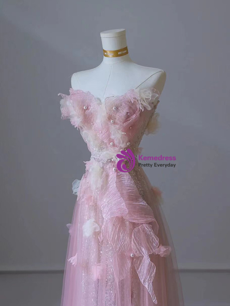 Pink Strapless Tulle Sequins Prom Dress Luxury Strapless Party Evening Gown Y8037