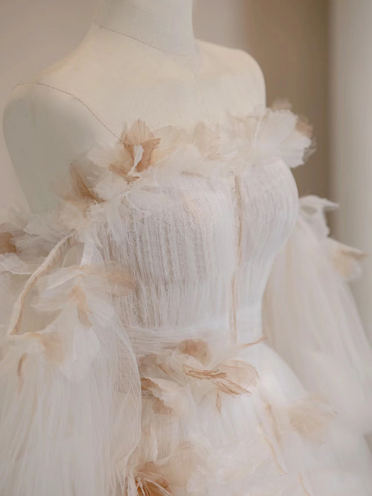 Ivory tulle off-the-shoulder floral prom dress with long sleeves and 3D flowers
