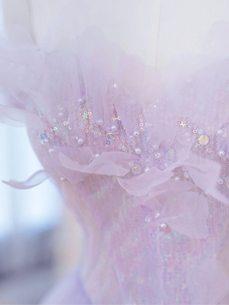 Off The Shoulder Tulle Ruffles Beading Purple Prom Dress